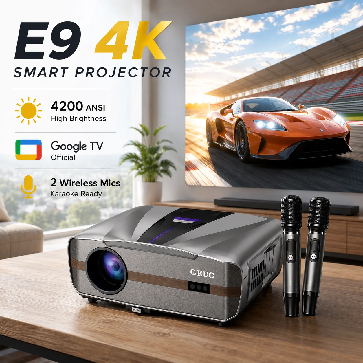 Home Cinema Karaoke Projector - Novo Projetor E9 4KUHD Smart 4200ANSI